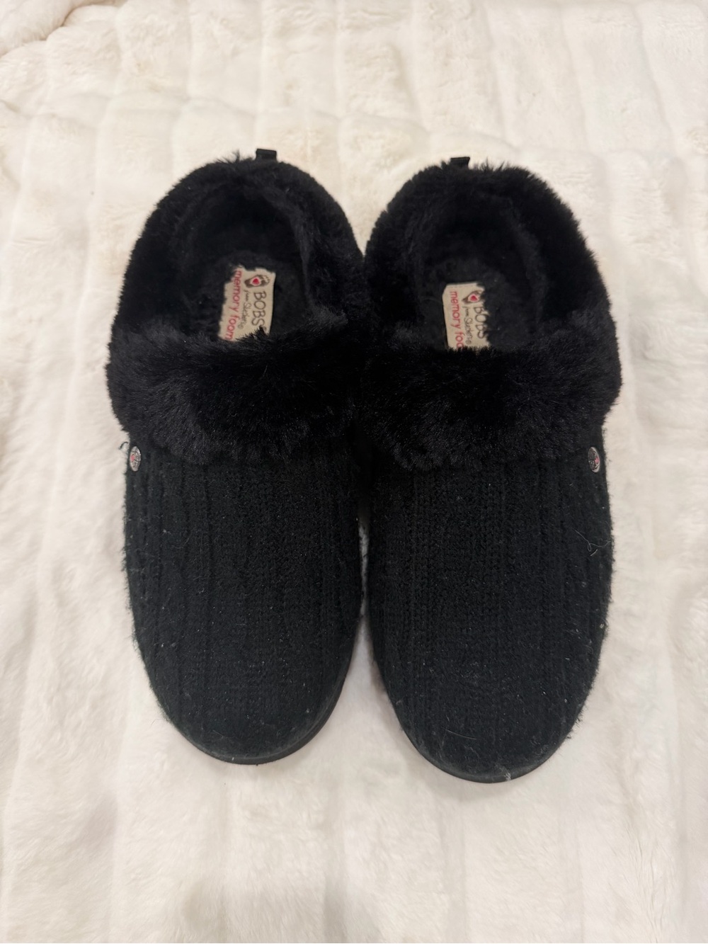 Skechers Women's Black Knit Faux-Fur Slip-On Slippers